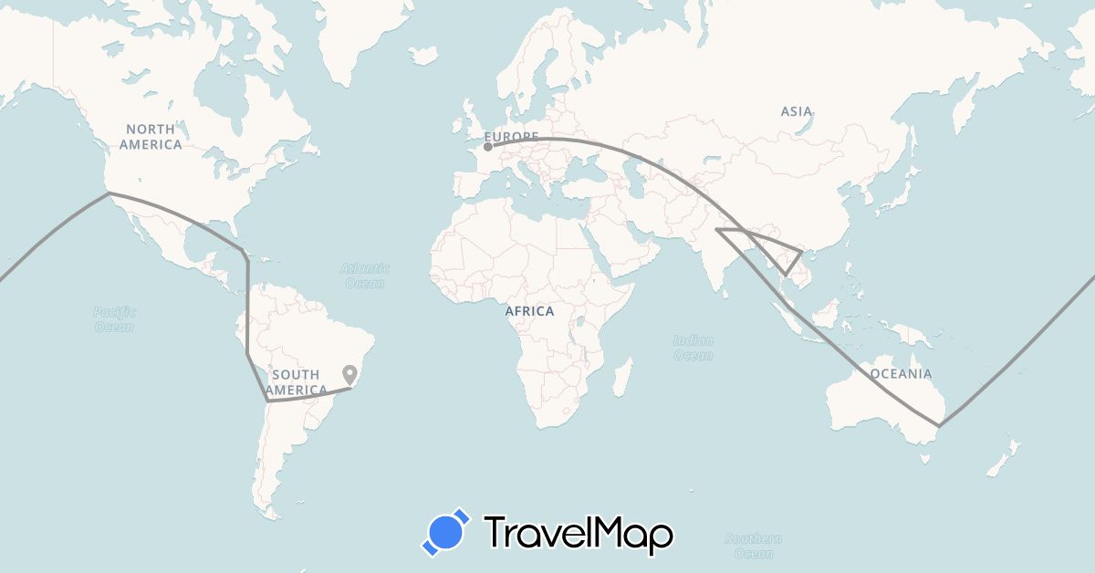TravelMap itinerary: driving, plane in Australia, Brazil, Chile, Cuba, France, Indonesia, India, Jamaica, Malaysia, New Caledonia, Nepal, Peru, Thailand, United States, Vietnam (Asia, Europe, North America, Oceania, South America)